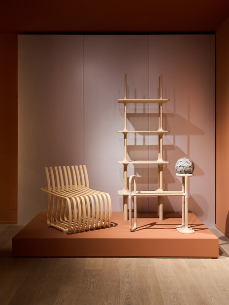 Photo of the Moroso flagship store booth displaying the works of HfG product design students at the Moroso Showroom